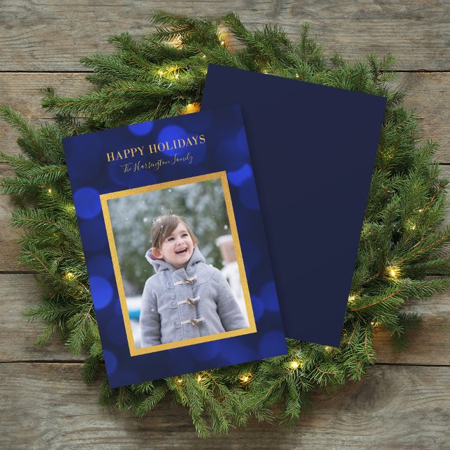 Sapphire Blue Bokeh Lights Gold Happy Holidays Holiday Card (Creator Uploaded)