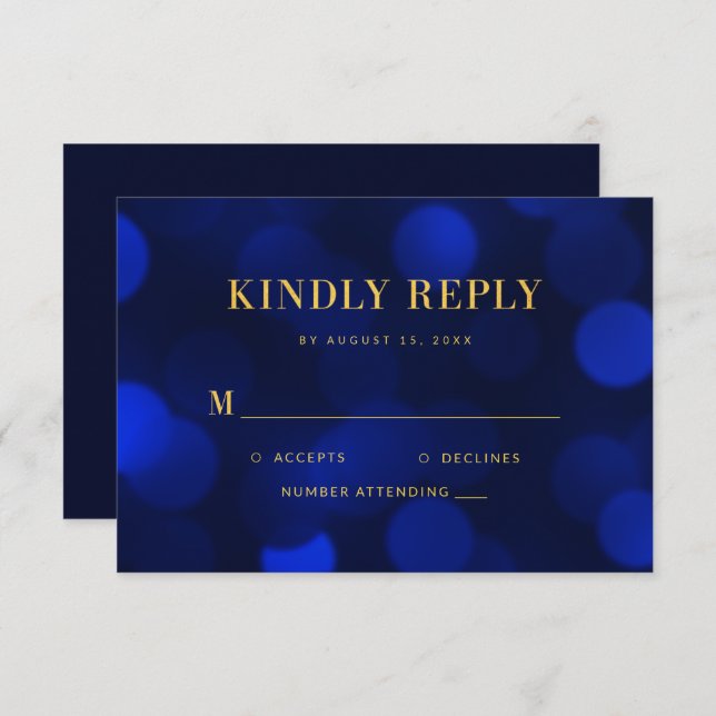 Sapphire Blue Bokeh Lights Gold Wedding RSVP Card (Front/Back)