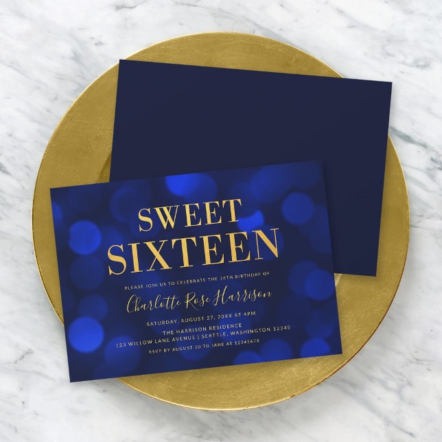 Sapphire Blue Bokeh Lights Sweet Sixteen Birthday Invitation (Creator Uploaded)