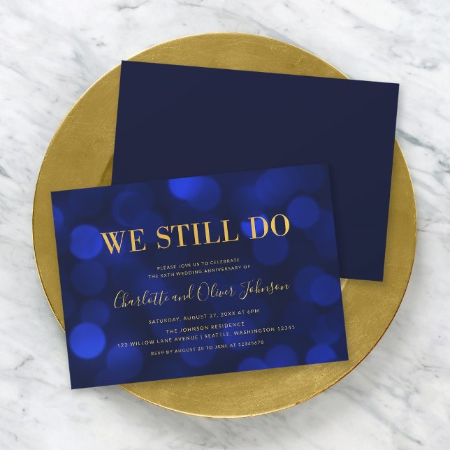 Sapphire Blue Bokeh Lights Wedding Anniversary Invitation (Creator Uploaded)