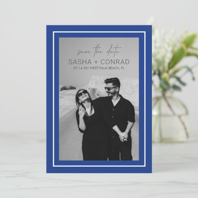 Sapphire Blue Bold Border Photo Modern Wedding Save The Date (Standing Front)