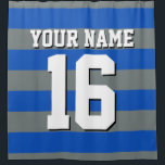 Sapphire Blue Charcoal Sports Jersey Preppy Stripe Shower Curtain<br><div class="desc">Preppy Striped Team Jersey / Sports Jersey / Football Jersey / Rugby Jersey with Custom Name Customise this with your own name or team name and a number. You can change the size, colour and placement of the text if you need to make changes, change the colour of or remove...</div>