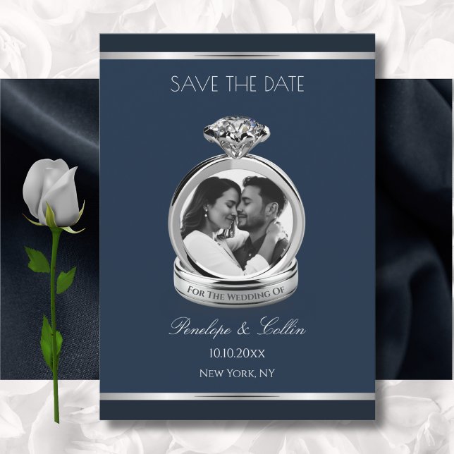 Sapphire Blue Engagement Photo Save the Date (Celestial sapphire blue save the date announcement with photorealistic 3D silver wedding ring.)
