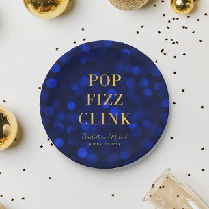 Sapphire Blue Faux Gold Pop Fizz Clink Paper Plate