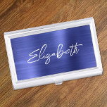 Sapphire Blue Foil Modern Brush Script First Name Business Card Holder<br><div class="desc">A first name business card case holder for her. The script is a lovely, brush stroke modern handwritten script that is a perfect gift for her. The decorative brush stroke style may require you to re-center your given name. You may also customize the font color and calligraphy style. The background...</div>