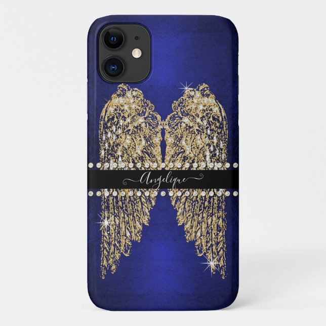 Sapphire Blue Gold Angel Wings w Diamond Jewels Case-Mate iPhone Case (Back)