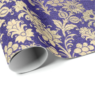 Sapphire Blue Gold Floral Powder Floral Foxier Wrapping Paper