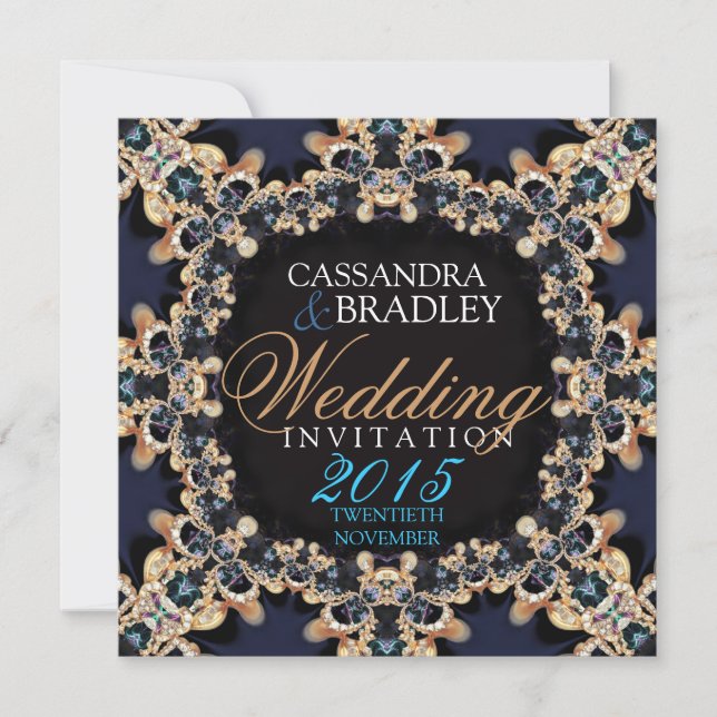 Sapphire Blue Gold Lace Jewel Wedding Invitations (Front)