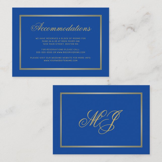Sapphire Blue Gold Monogram Wedding Accommodations Enclosure Card (Front/Back)
