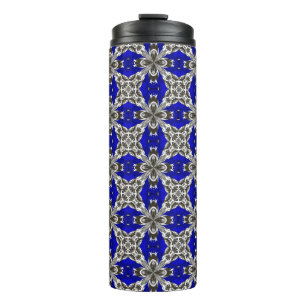 Sapphire Blue Grey and White Repeat Tile Pattern Thermal Tumbler