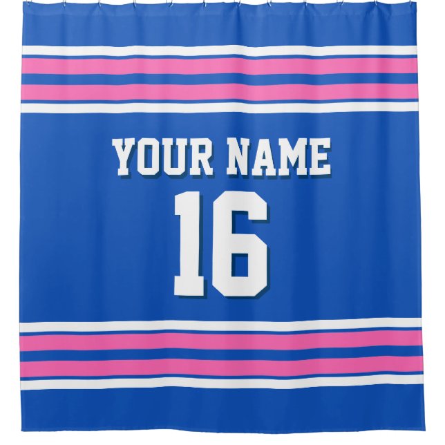 Sapphire Blue Hot Pink White Stripes Sports Jersey Shower Curtain (Front)