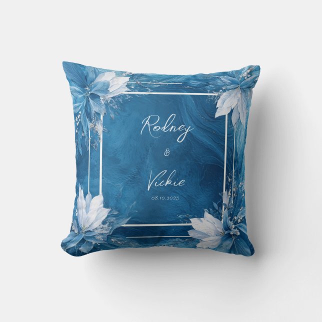 Sapphire Blue Marbled Liquid White Floral Square Cushion (Front)
