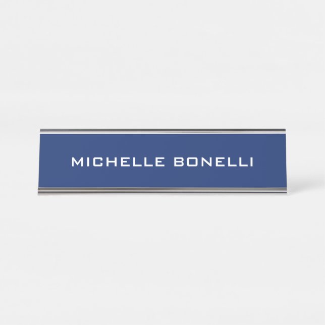 Sapphire Blue Minimalist Plain Legible Modern Desk Name Plate (Front)