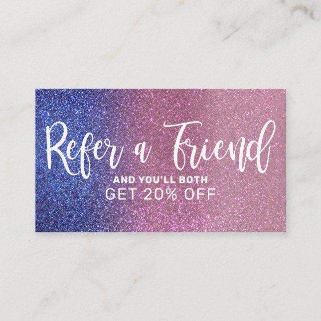 Sapphire Blue Pink Triple Glitter Ombre Typography Referral Card (Front)