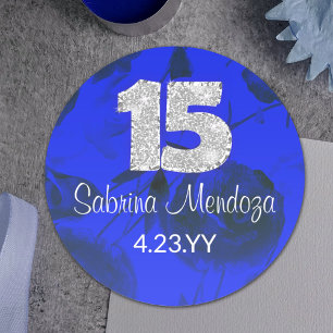 Sapphire Blue Quinceanera Silver #15 Round Sticker