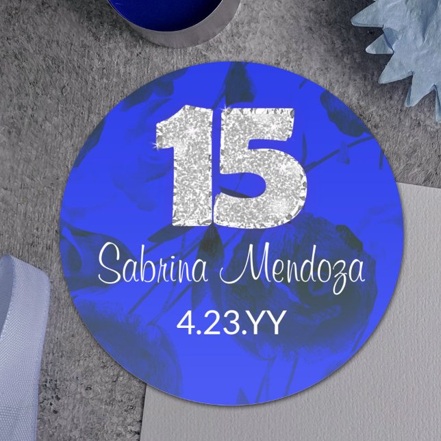 Sapphire Blue Quinceanera Silver #15 Round Sticker (elegant royal blue and silver quinceanera stickers with name, script writing, glitter 15 15th, date)