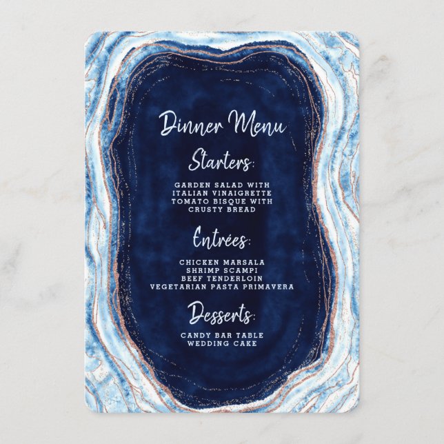Sapphire Blue Rose Gold Geode Agate Marble Dinner Menu (Front)