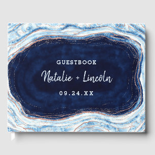 Sapphire Blue Rose Gold Geode Agate Marble Wedding Guest Book