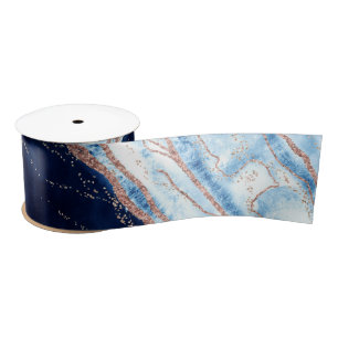 Sapphire Blue Rose Gold Geode Agate Marble Wedding Satin Ribbon