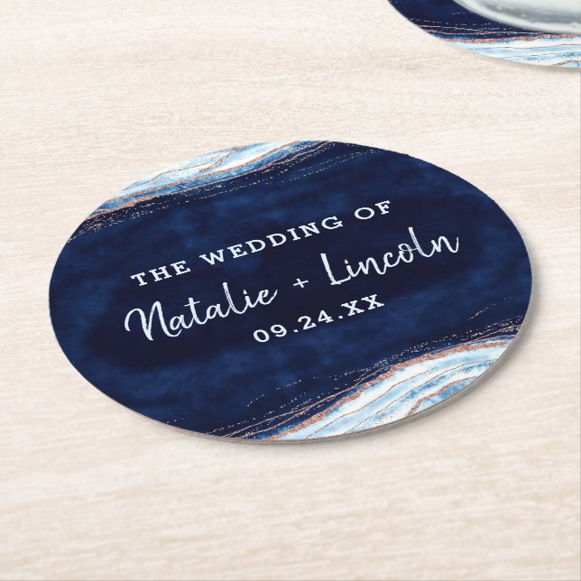 Sapphire Blue Rose Gold Geode Agate Slice Monogram Round Paper Coaster (Angled)