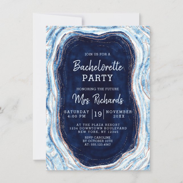 Sapphire Blue Rose Gold Geode Bachelorette Party Invitation (Front)