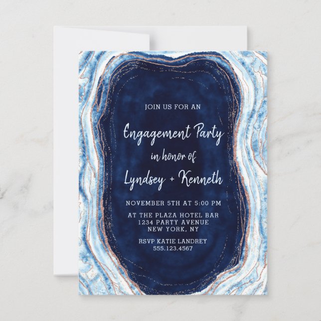 Sapphire Blue Rose Gold Geode Engagement Party Invitation (Front)