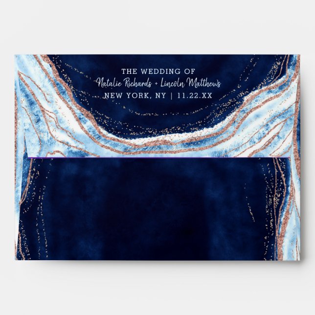 Sapphire Blue Rose Gold Geode Monogram Wedding Envelope (Back (Top Flap))