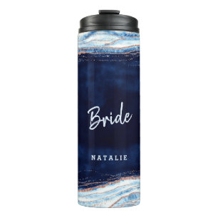 Sapphire Blue Rose Gold Geode Personalised Bride Thermal Tumbler