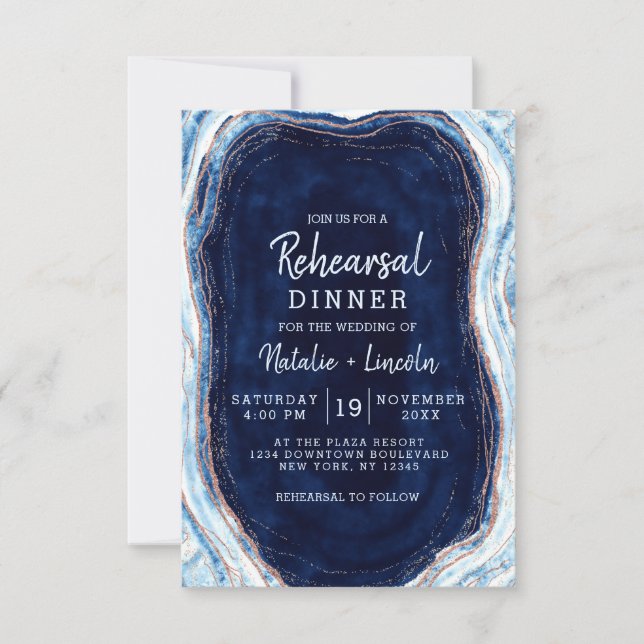 Sapphire Blue Rose Gold Geode Rehearsal Dinner Invitation (Front)