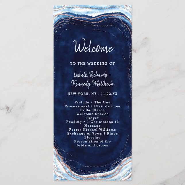 Sapphire Blue Rose Gold Geode Wedding Ceremony Programme (Front)
