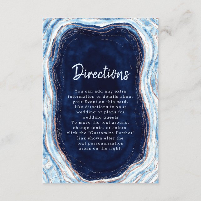 Sapphire Blue Rose Gold Geode Wedding Directions Enclosure Card (Front)