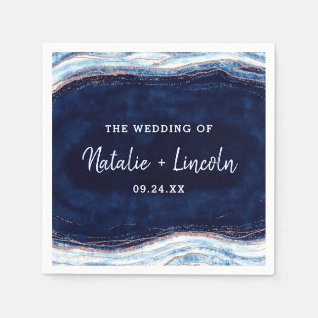 Sapphire Blue Rose Gold Geode Wedding Monogram Napkin (Front)