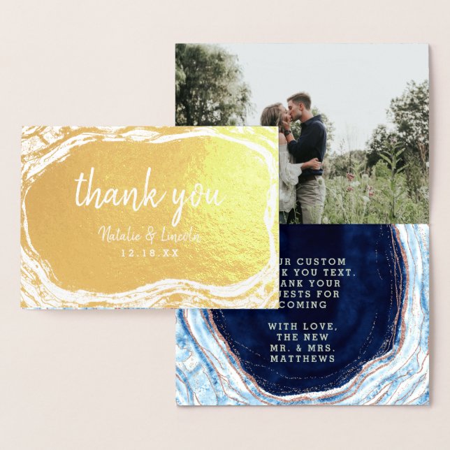 Sapphire Blue Rose Gold Thank You Wedding Photo Foil Card (Display)