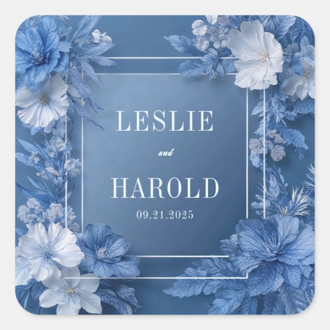 Sapphire Blue Sculptural Floral Modern Frame Square Sticker (Front)