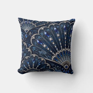 Sapphire Blue Silver Lace Fans Cushion