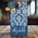 Sapphire Blue Vintage Damask Pattern and Name iPhone 15 Case<br><div class="desc">A vintage pattern with a trendy design with jewel tone colours and elegance. Items are easier to customise when you replace all text and photos first. If your art still needs to be adjusted, click on the Customise This button. This will take you to a design area where you can...</div>
