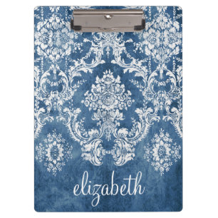 Sapphire Blue Vintage Damask Pattern and Name Clipboard
