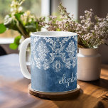 Sapphire Blue Vintage Damask Pattern and Name Coffee Mug<br><div class="desc">A vintage pattern - a trendy design with jewel tone colours and elegance. Items are easier to customise when you replace all text and photos first. If your art still needs to be adjusted, click on the Customise This button. This will take you to a design area where you can...</div>