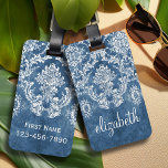 Sapphire Blue Vintage Damask Pattern and Name Luggage Tag<br><div class="desc">A vintage pattern with a chalkboard and lace design. Look closely to the flowers and leaves.A trendy design with jewel tone colours and elegance. Items are easier to customise when you replace all text and photos first. If your art still needs to be adjusted, click on the Customise This button....</div>