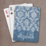 Sapphire Blue Vintage Damask Pattern and Name Playing Cards<br><div class="desc">A vintage pattern with a chalkboard and lace design. Look closely to the flowers and leaves.A trendy design with jewel tone colours and elegance. Items are easier to customise when you replace all text and photos first. If your art still needs to be adjusted, click on the Customise This button....</div>