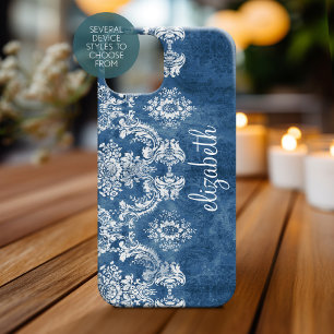 Sapphire Blue Vintage Damask Pattern Name iPhone 16 Case