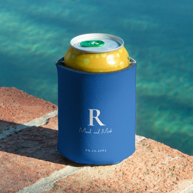 Sapphire Blue & White Monogram Names Wedding Can Cooler (In Situ Pool)