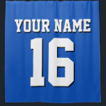 Sapphire Blue White Sports Jersey Team Jersey Shower Curtain<br><div class="desc">Preppy Solid Colour Team Jersey / Sports Jersey / Football Jersey / Rugby Jersey with Custom Name Customise this with your own name or team name and a number. You can change the size, colour and placement of the text if you need to make changes, change the colour of or...</div>