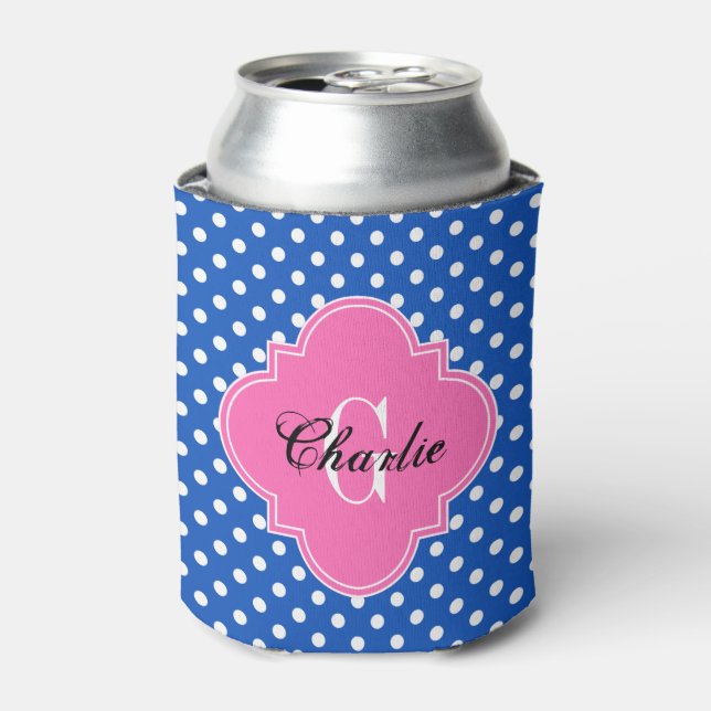 Sapphire Blue Wht Dots Hot Pink Quat Name Initial Can Cooler (Can Front)