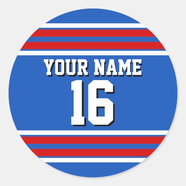 Sapphire Blue with Red White Stripes Team Jersey Classic Round Sticker (Front)