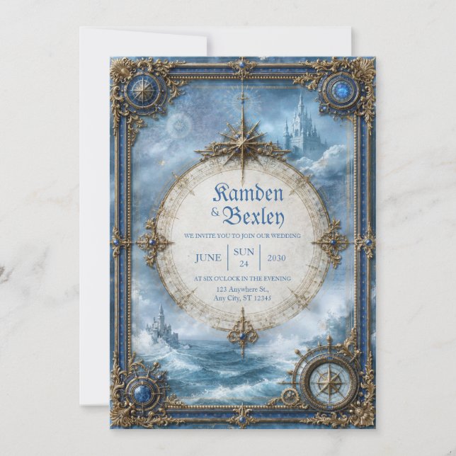 Sapphire Compass Castle Wedding Invitation (Front)