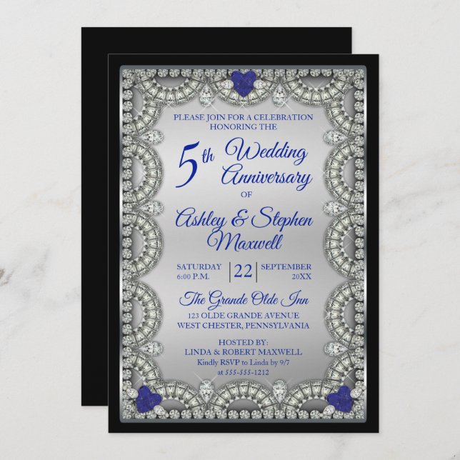 Sapphire Diamond 5th Wedding Anniversary Party Invitation (Front/Back)