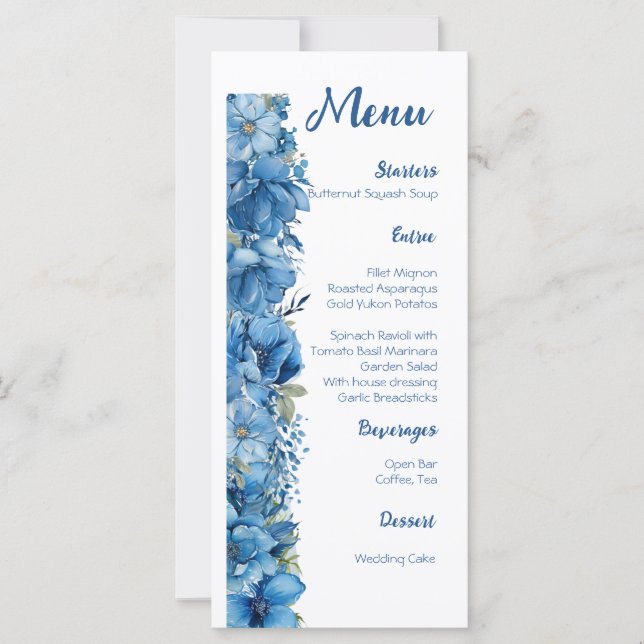 Sapphire Elegance Blue and White Wedding Menu (Front)