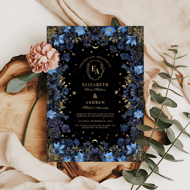 Sapphire Floral Celestial Wedding Invitation (Creator Uploaded)