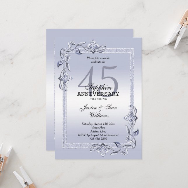 Sapphire Gem & Glitter 45th Wedding Anniversary   Invitation (Front/Back In Situ)